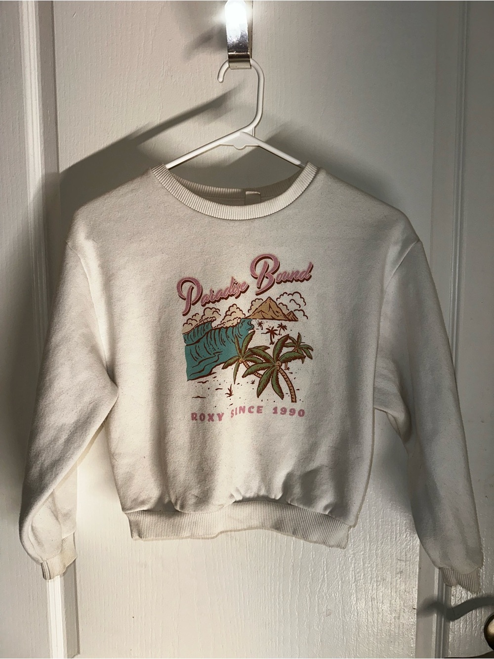 Roxy Girls XS/7 White Paradise Bound Graphic Sweatshirt with Teal & Pink Print
